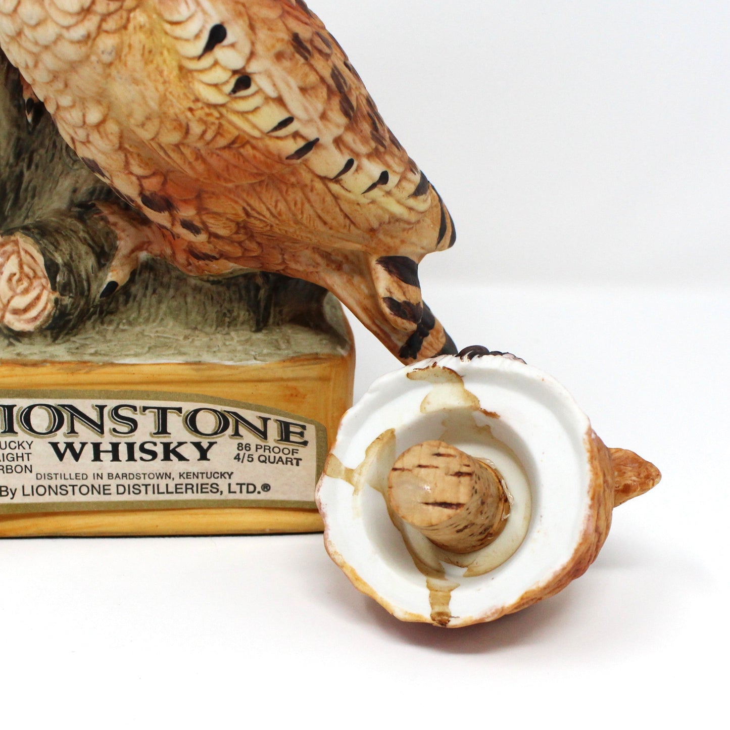 Decanter, Lionstone Whiskey, Screech Owls, Hand Painted Decorative Barware, Vintage Collectible