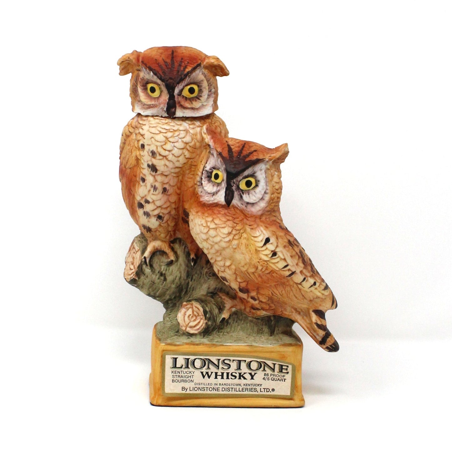 Decanter, Lionstone Whiskey, Screech Owls, Hand Painted Decorative Barware, Vintage Collectible