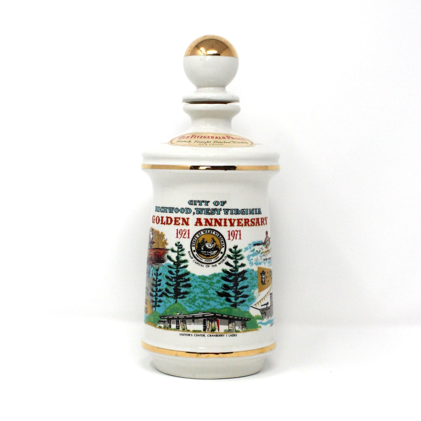 Decanter with Stopper, Old Fitzgerald, Golden Anniversary, City of Richwood West Virginia, 1921 - 1971, Vintage, SOLD