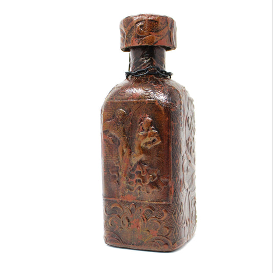Decanter, Tooled Leather Wrapped Bottle, Flamenco Dancers, Amber Glass, Vintage Barware, Spain