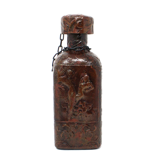 Decanter, Tooled Leather Wrapped Bottle, Flamenco Dancers, Amber Glass, Vintage Barware, Spain
