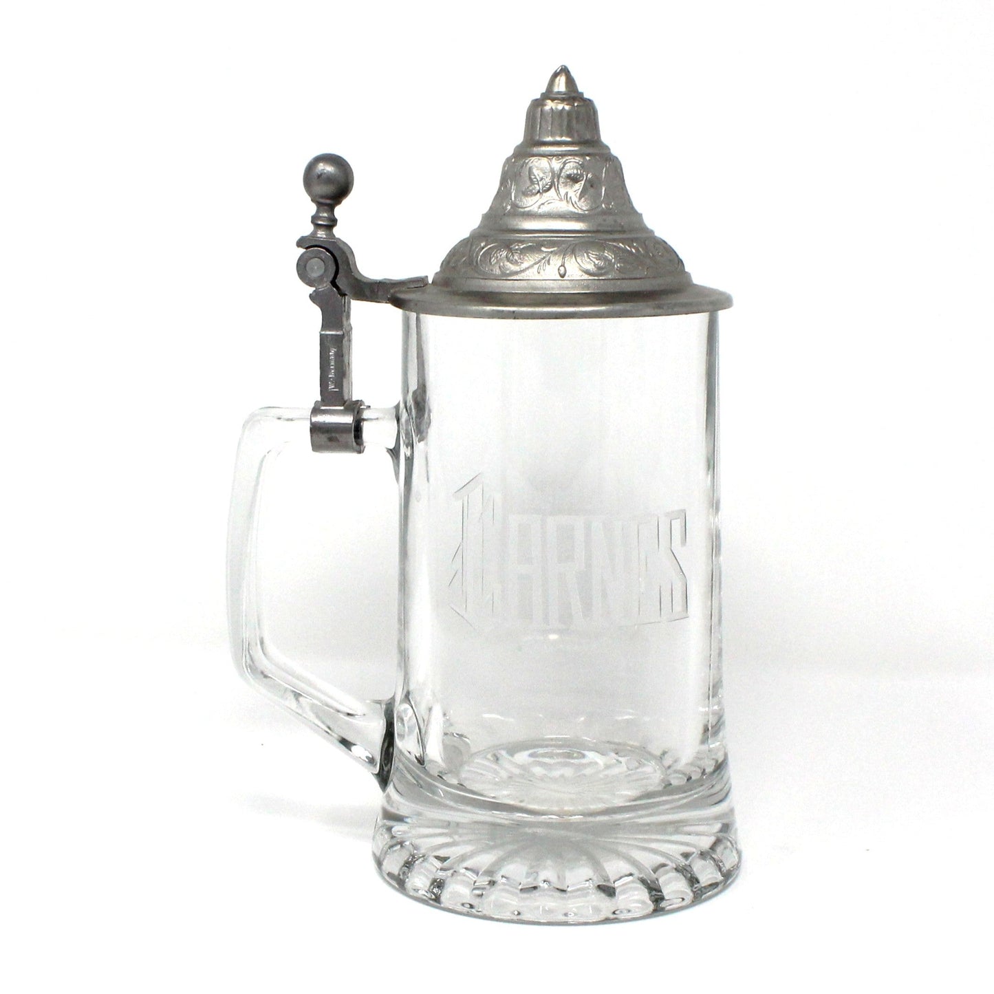 Beer Stein, Glass Mug with Pewter Lid, Carved "Carnes", Germany, Vintage