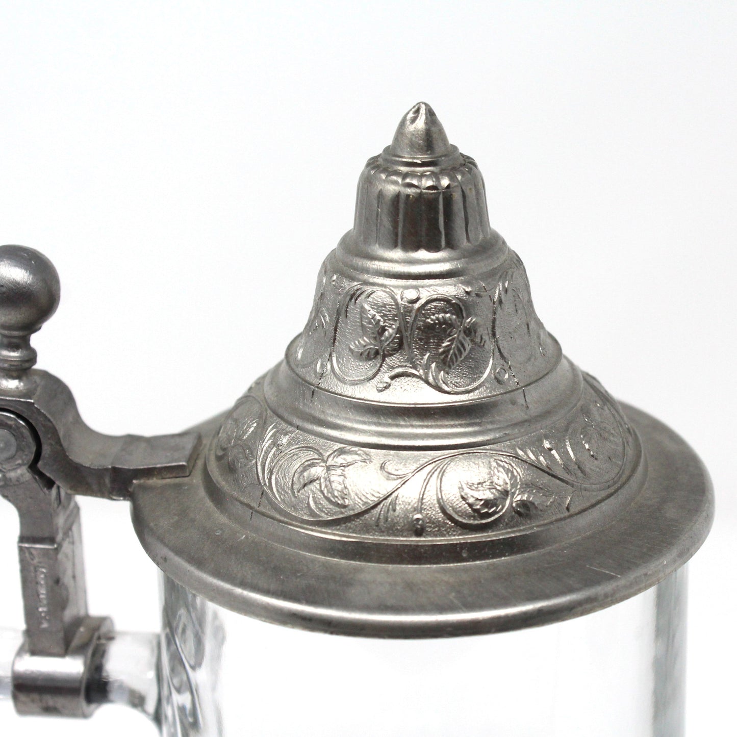 Beer Stein, Glass Mug with Pewter Lid, Carved "Carnes", Germany, Vintage