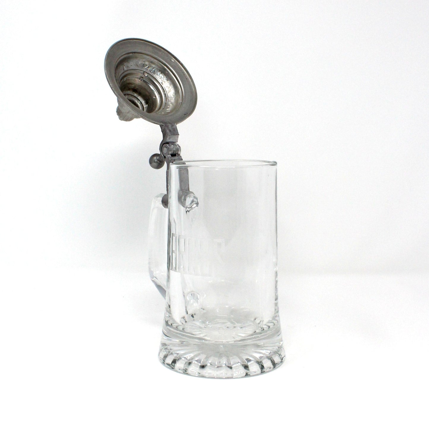 Beer Stein, Glass Mug with Pewter Lid, Carved "Carnes", Germany, Vintage