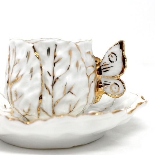 Demitasse & Saucer, Cabbage Shaped, Butterfly Handle, German Porcelain, Antique