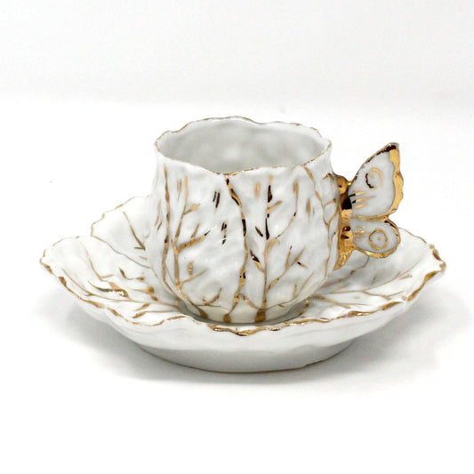 Demitasse & Saucer, Cabbage Shaped, Butterfly Handle, German Porcelain, Antique