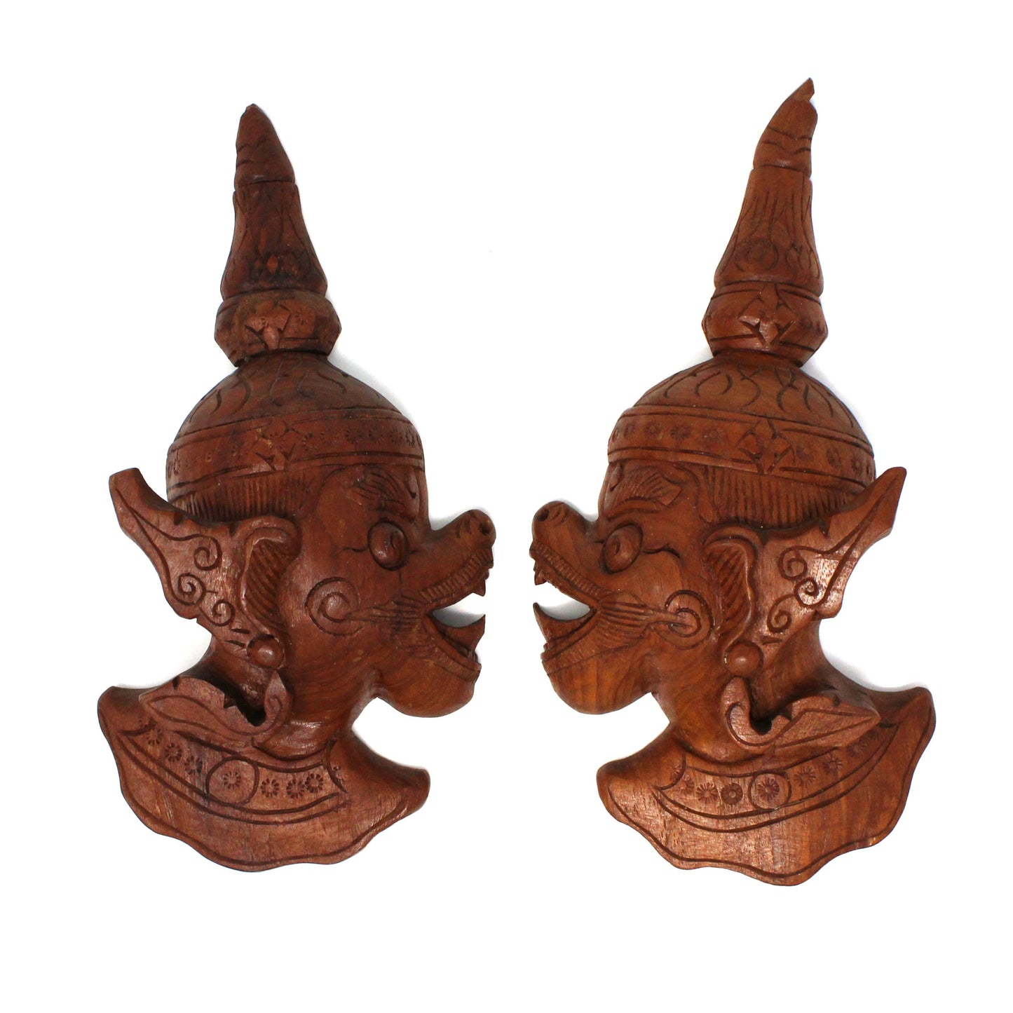 Thai Carved Wood Faces, Thailand Temple Guard, Wall Plaques, Mythological Thai Hindu Decoration, Vintage