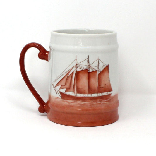 Beer Mug, Schooner Ship, Hand Painted, Nautical, Vintage Pottery