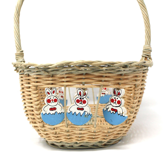 Basket, Easter Basket, Hand Painted Wooden Rabbits, Oval with Handle, Vintage