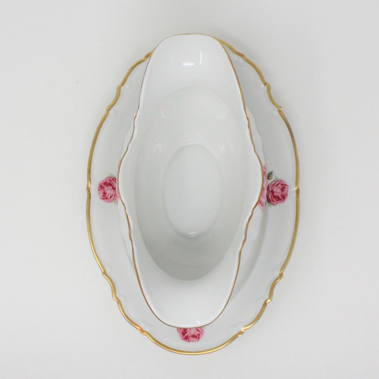 Gravy Boat / Saucière with Underplate, Hutschenreuther, The Dundee, Pink Rose, Bavaria, Germany, Vintage