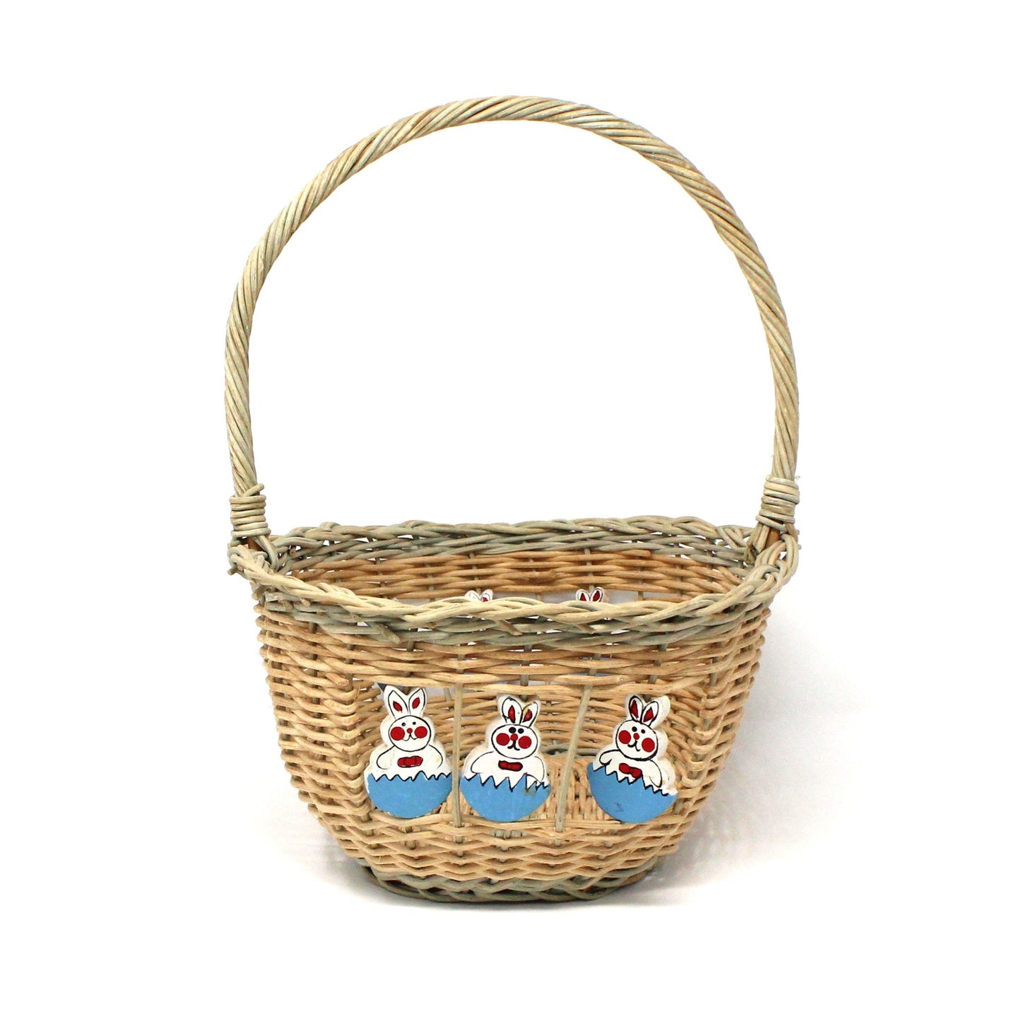 Basket, Easter Basket, Hand Painted Wooden Rabbits, Oval with Handle, Vintage