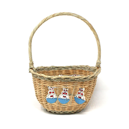 Basket, Easter Basket, Hand Painted Wooden Rabbits, Oval with Handle, Vintage