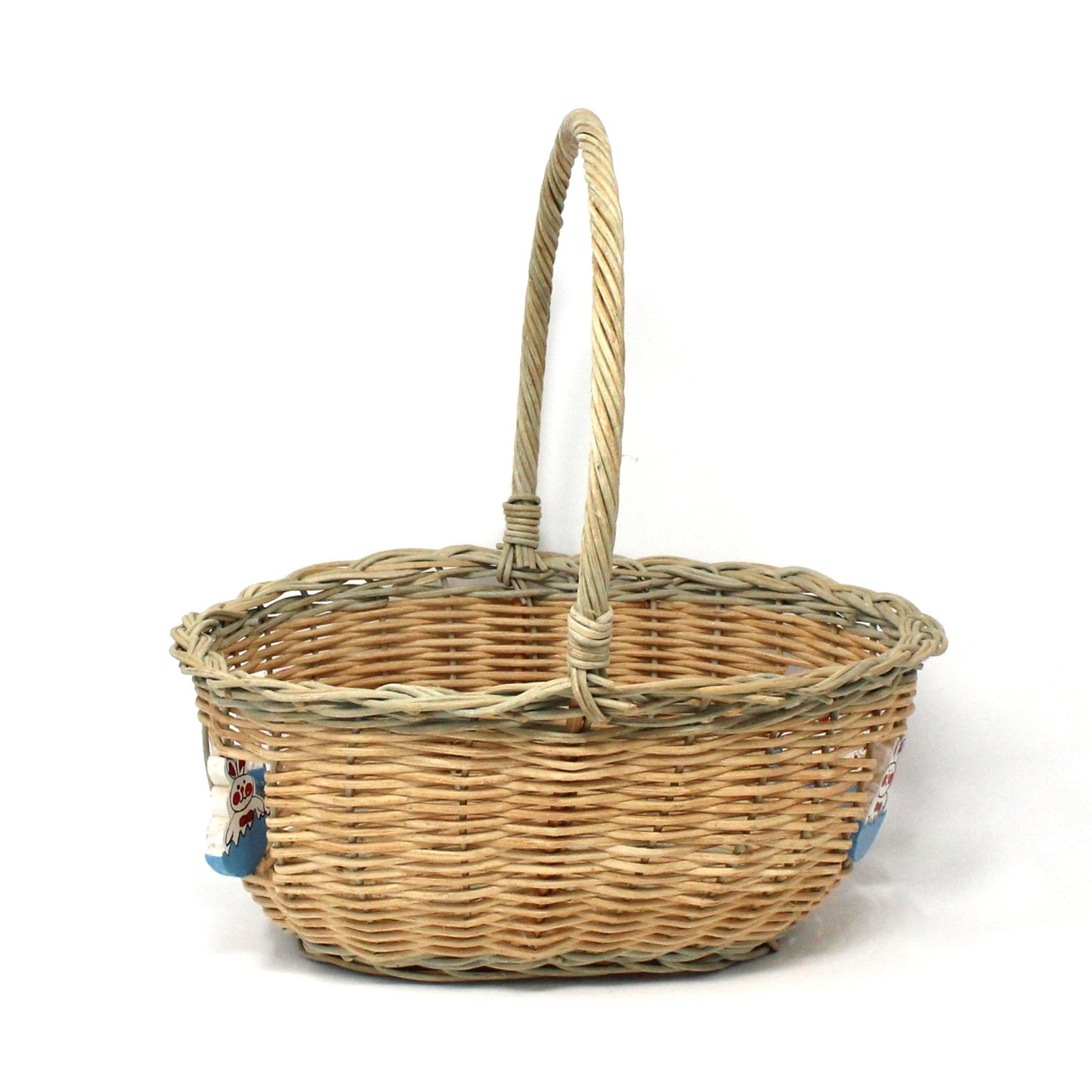 Basket, Easter Basket, Hand Painted Wooden Rabbits, Oval with Handle, Vintage