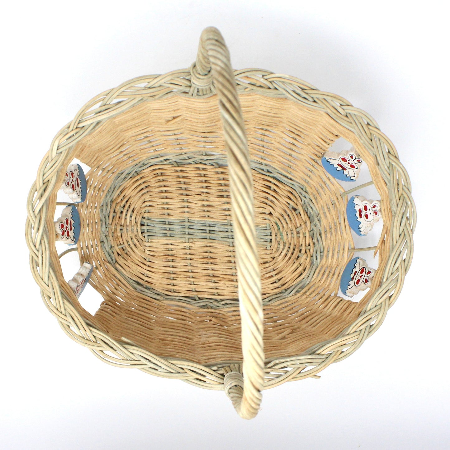 Basket, Easter Basket, Hand Painted Wooden Rabbits, Oval with Handle, Vintage