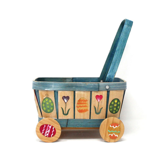 Basket, Easter Basket / Wagon, Hand Painted Woven Wood Strips, Wooden Wheels, Rectangular Wagon with Handle, Vintage