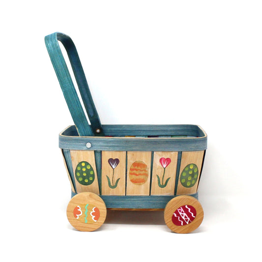 Basket, Easter Basket / Wagon, Hand Painted Woven Wood Strips, Wooden Wheels, Rectangular Wagon with Handle, Vintage