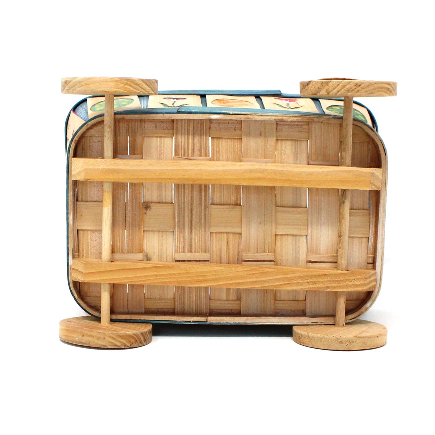 Basket, Easter Basket / Wagon, Hand Painted Woven Wood Strips, Wooden Wheels, Rectangular Wagon with Handle, Vintage