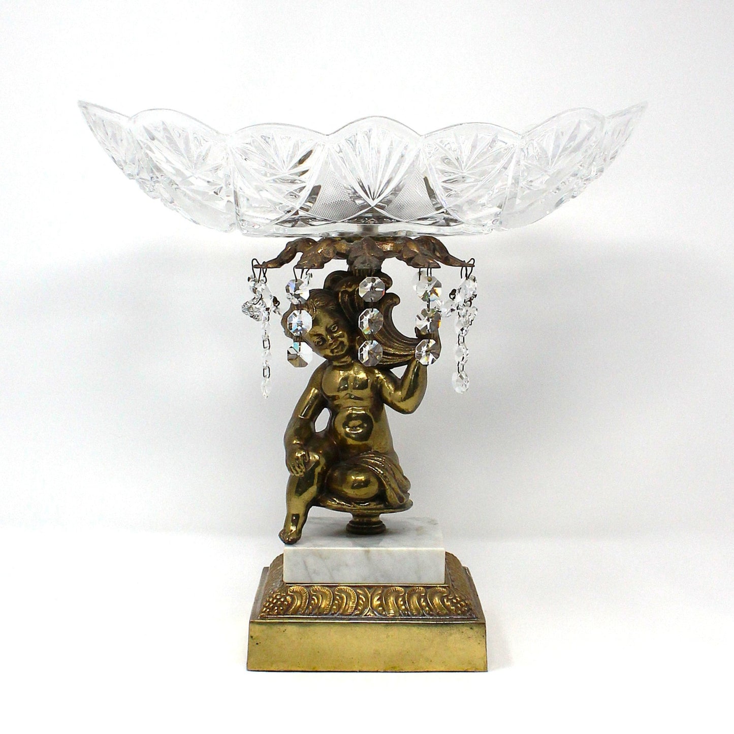 vintage cherub pedestal bowl, glass and brass