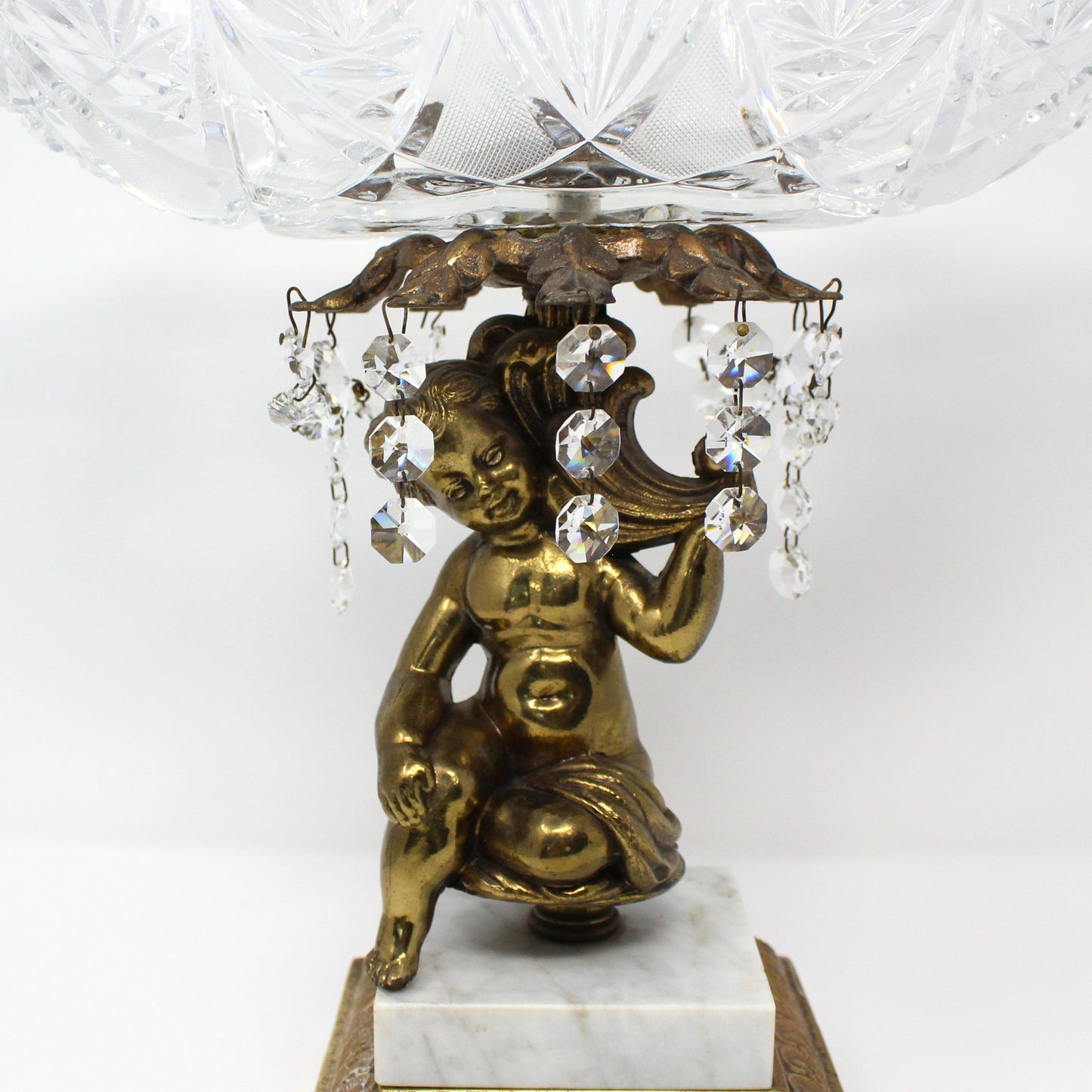 Bowl Pedestal Fruit Bowl, Cherub, Marble & Crystals, Hollywood Regency, Mid Century, Vintage, 12"