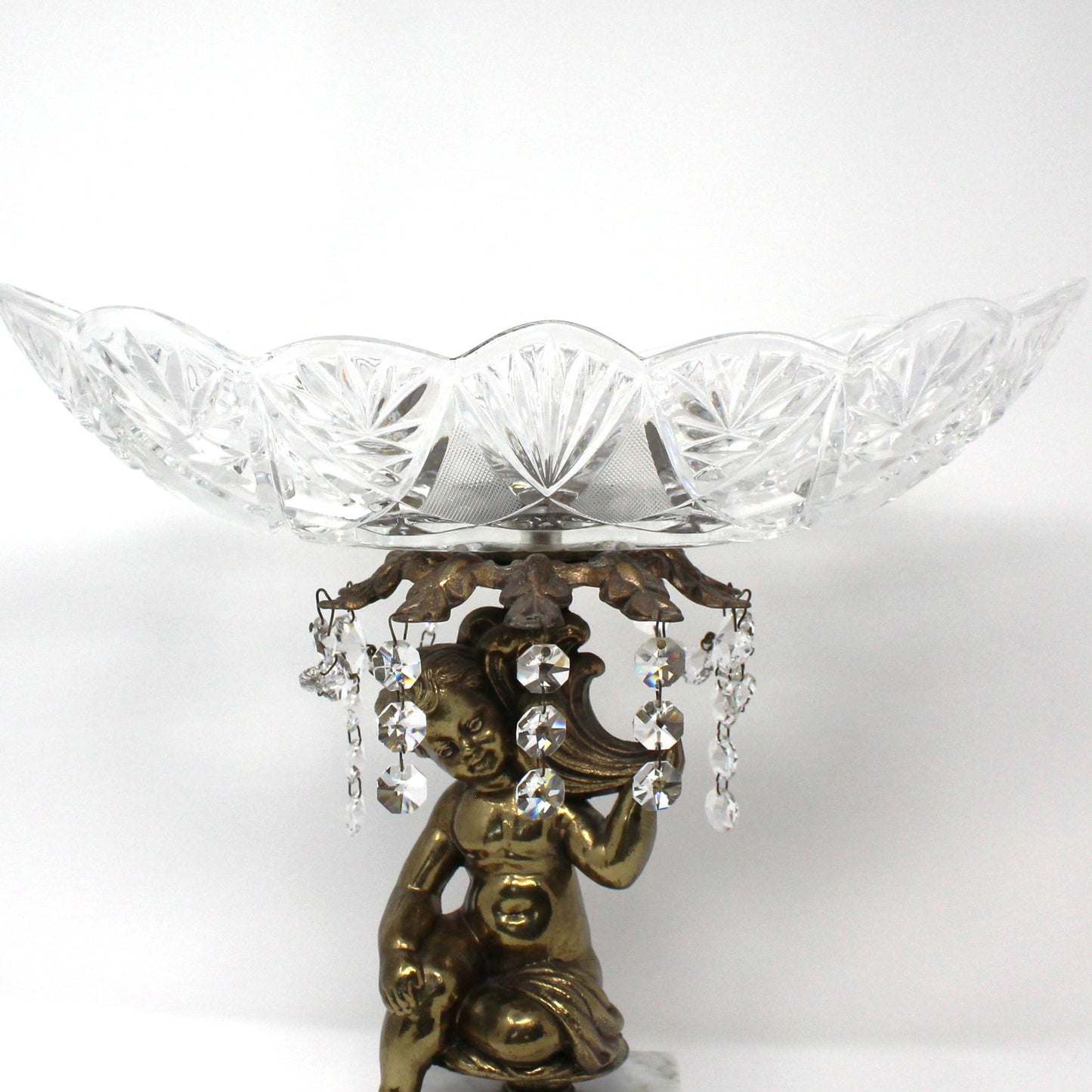 Bowl Pedestal Fruit Bowl, Cherub, Marble & Crystals, Hollywood Regency, Mid Century, Vintage, 12"
