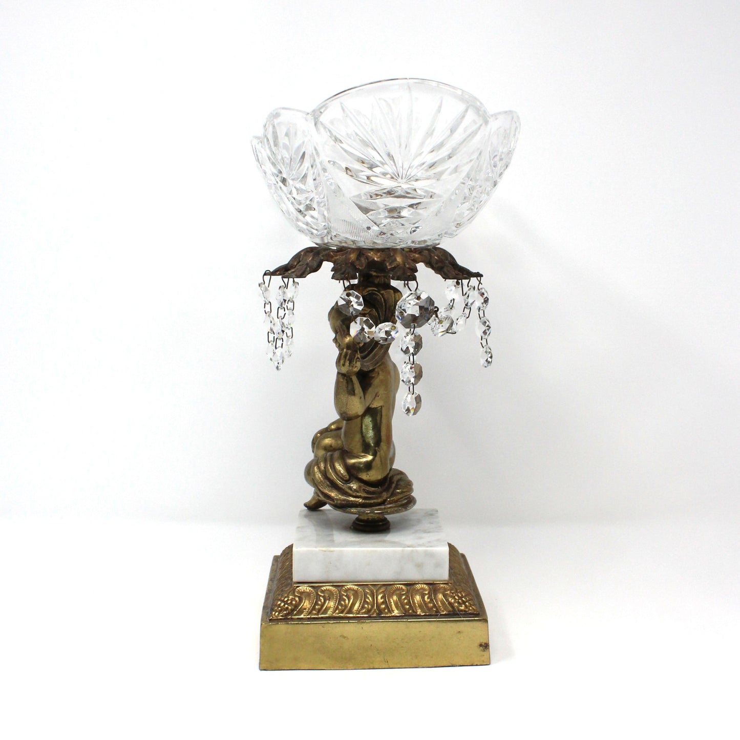 Bowl Pedestal Fruit Bowl, Cherub, Marble & Crystals, Hollywood Regency, Mid Century, Vintage, 12"