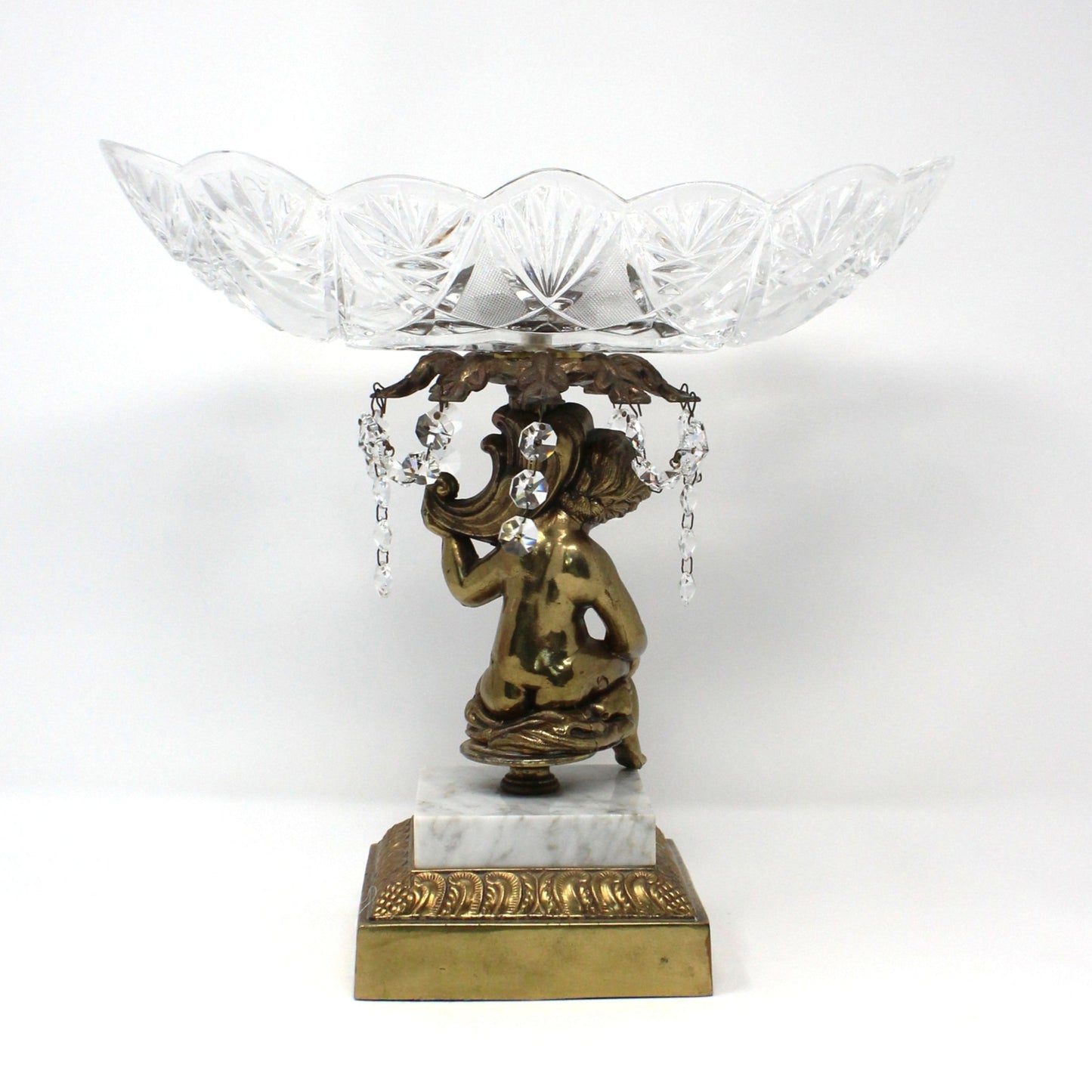 Bowl Pedestal Fruit Bowl, Cherub, Marble & Crystals, Hollywood Regency, Mid Century, Vintage, 12"