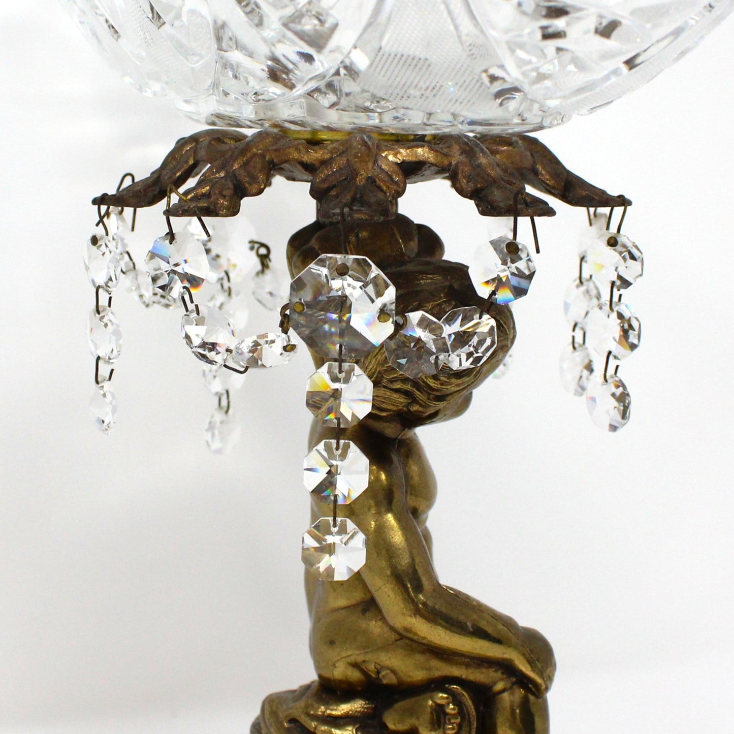 Bowl Pedestal Fruit Bowl, Cherub, Marble & Crystals, Hollywood Regency, Mid Century, Vintage, 12"