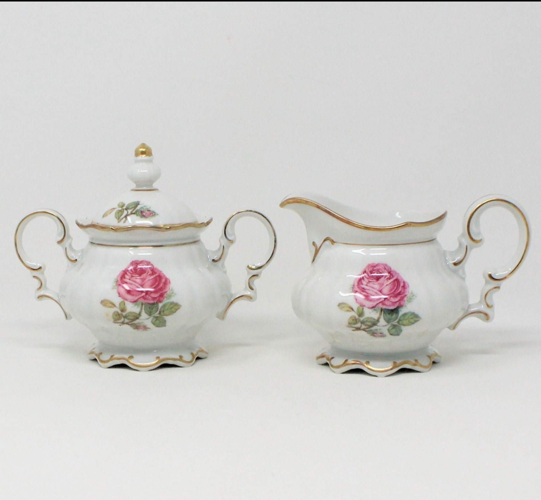 Creamer & Sugar with Lid, Hutschenreuther The Dundee, Pink Rose, Embossed Swirl, Gold Rim, Bavaria Germany, Vintage 1962