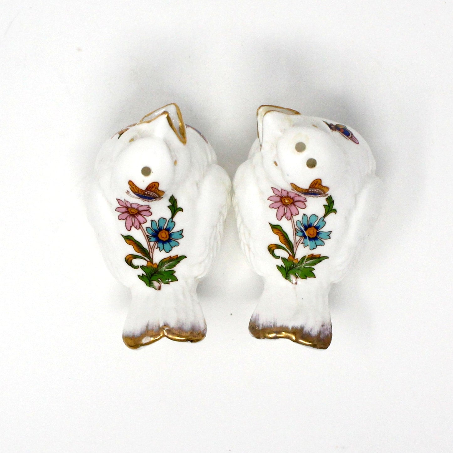 Salt and Pepper Shakers, White Birds with Flowers & Butterflies, Bone China, Vintage
