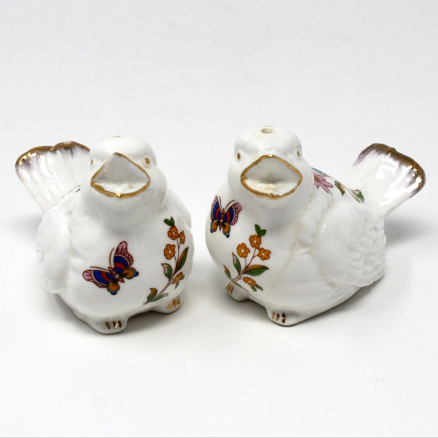 Salt and Pepper Shakers, White Birds with Flowers & Butterflies, Bone China, Vintage