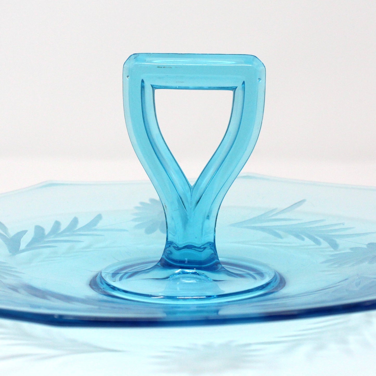 Sandwich Plate / Tidbit Tray with Handle, Blue Glass Etched Floral Design, Octagon, Vintage