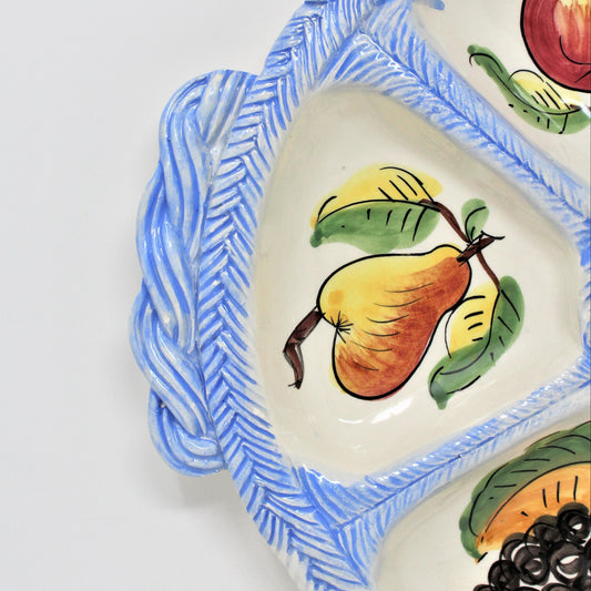 Divided Tray, Hand Painted Ceramic with Built-In Handles, Fruits, Vintage Italy