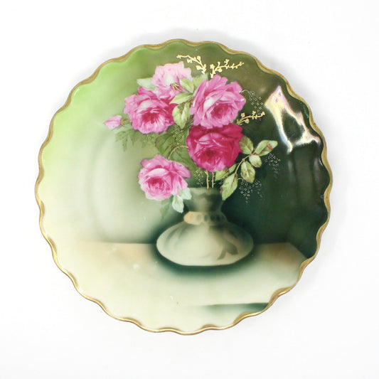 Decorative Plate, Tirschenreuth Bavaria, Pink Roses in Vase, Gold Encrusted Floral, Germany Antique