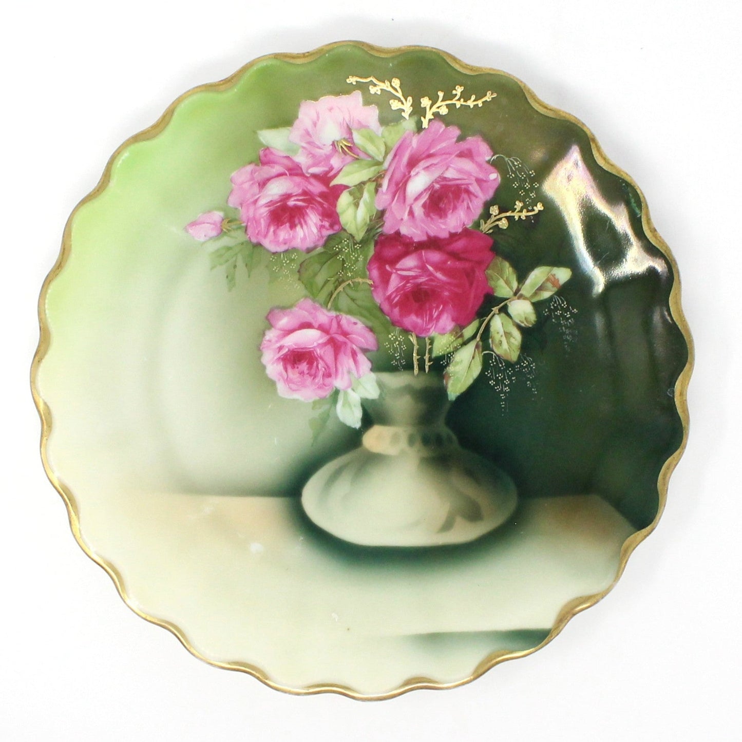 Decorative Plate, Tirschenreuth Bavaria, Pink Roses in Vase, Gold Encrusted Floral, Germany Antique