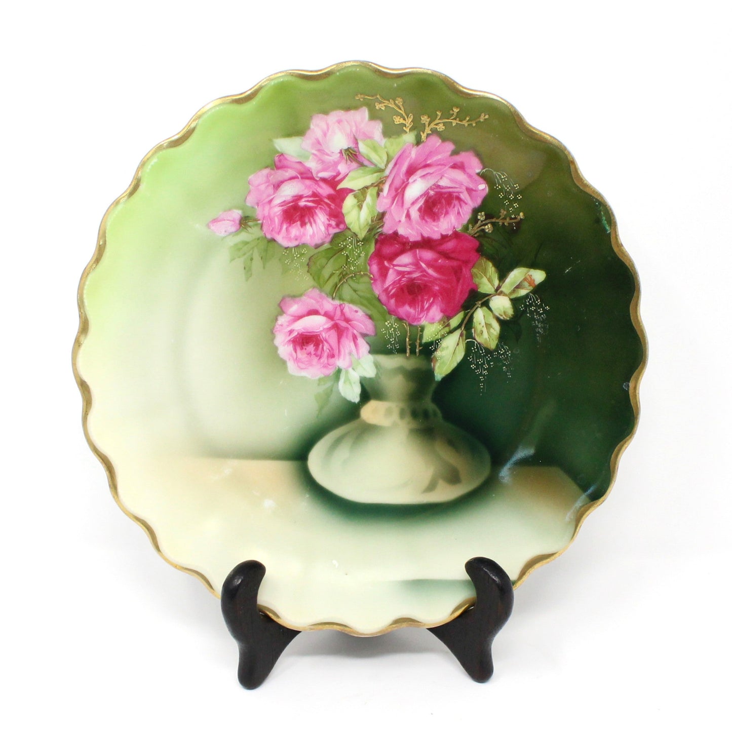 Decorative Plate, Tirschenreuth Bavaria, Pink Roses in Vase, Gold Encrusted Floral, Germany Antique