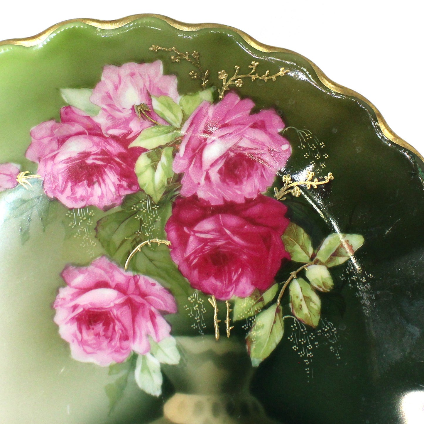 Decorative Plate, Tirschenreuth Bavaria, Pink Roses in Vase, Gold Encrusted Floral, Germany Antique