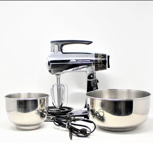 Mixer, Sunbeam, Chrome MixMaster Stand Mixer with Two Bowls, Recipe Booklet, Vintage, SOLD