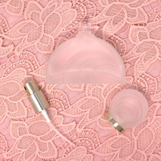 Perfume Bottle, Half Moon Shaped Frosted Glass with Art Decor Style Swirls, Spray Top, Vintage