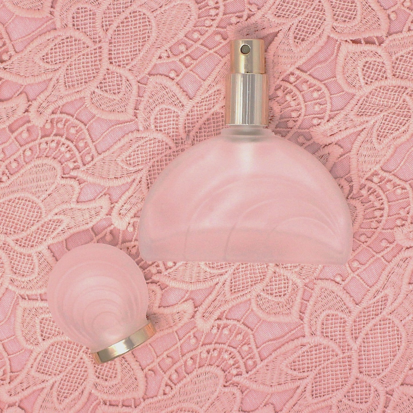Perfume Bottle, Half Moon Shaped Frosted Glass with Art Decor Style Swirls, Spray Top, Vintage