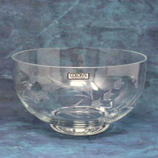 Bowl, Colony Glass, Etched Tulips, Hand Made, Vintage Romania