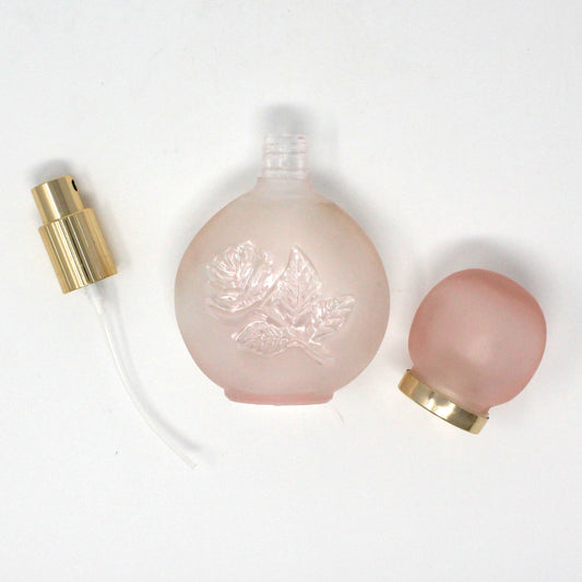 Perfume Bottle, Enesco, Frosted Pink Glass with Debossed Floral Imprint, Spray Top, Vintage