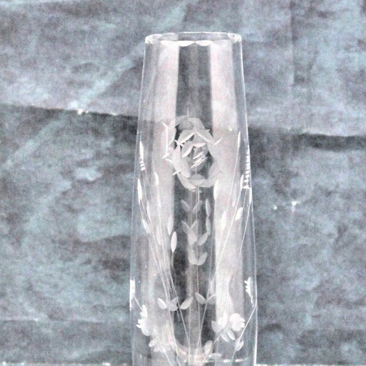 Bud Vase, Plum Blossom, Etched Glass, Vintage 1970's