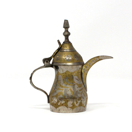 Coffee Pot, Middle Eastern Dallah, Brass Plated, Hand Carved Design, Arabic Coffee Pot, Vintage 4"