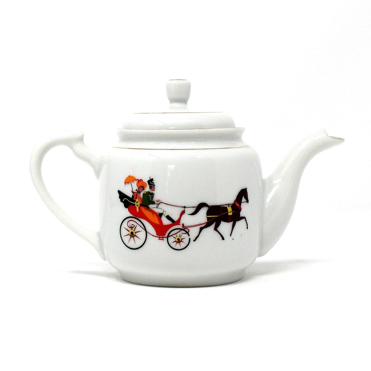 Teapot, Victorian Couple on Horse-Drawn Carriage, Golden China ROC, Vintage
