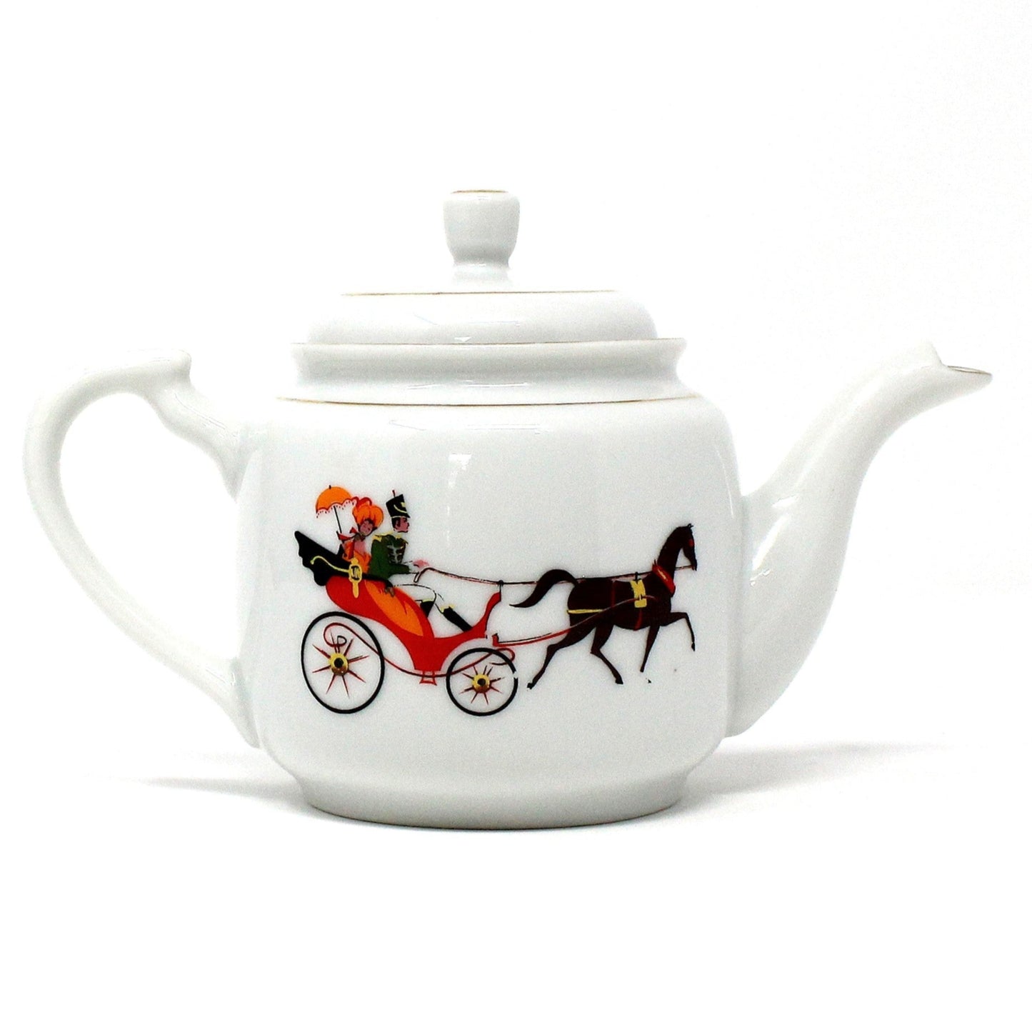 A vintage porcelain teapot with a design of a Victorian couple on a horse-drawn carriage, predominantly white with golden accents.