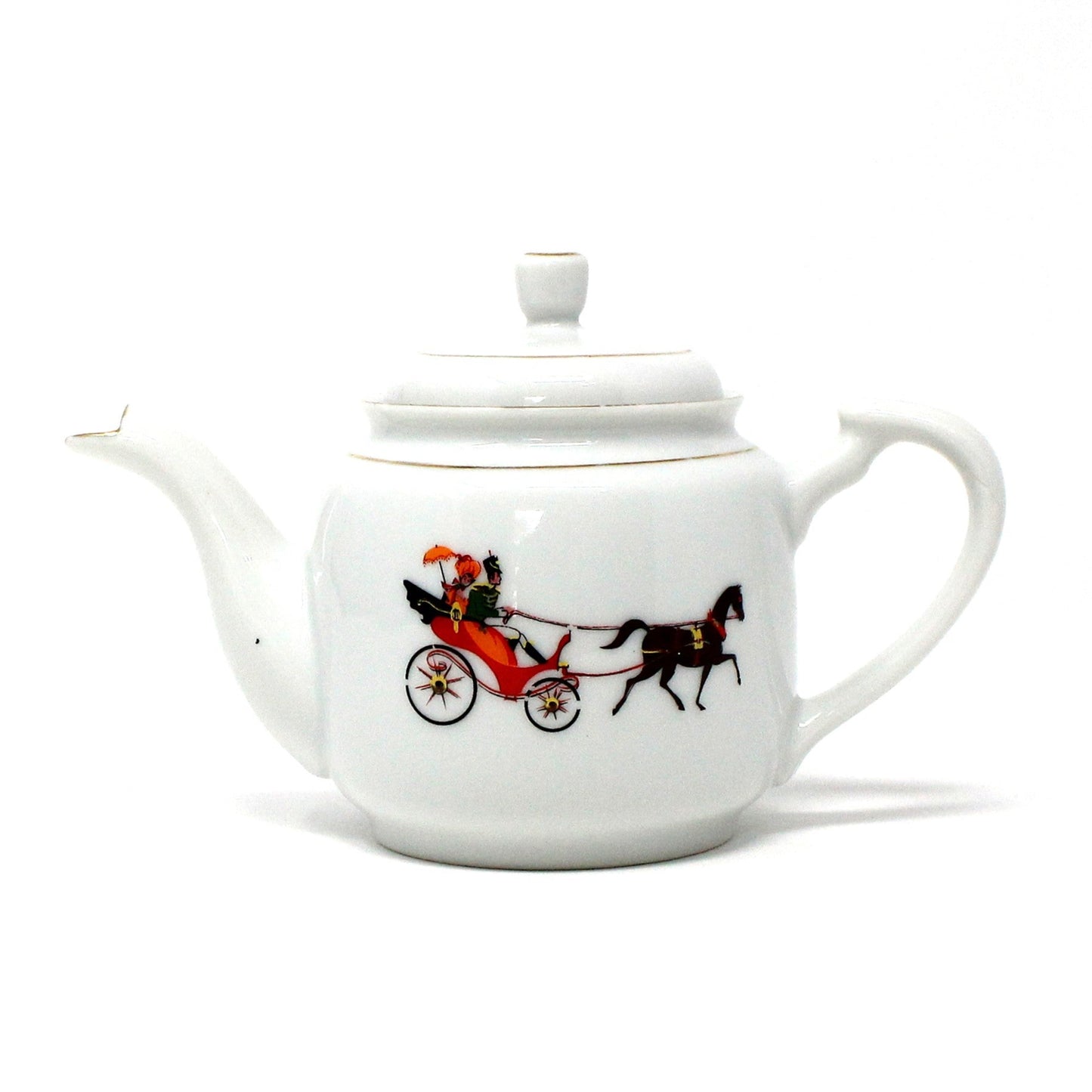 Teapot, Victorian Couple on Horse-Drawn Carriage, Golden China ROC, Vintage