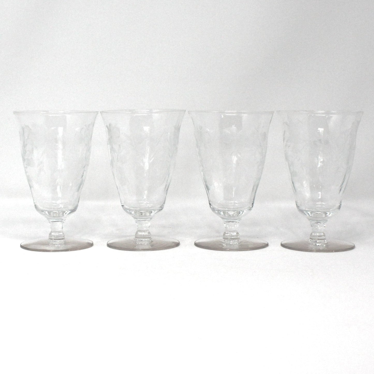 Glasses, Cocktail / Wine / Juice Glasses, Footed, Cut / Etched Crystal Florals, Optic Glass, Set of 4, Vintage
