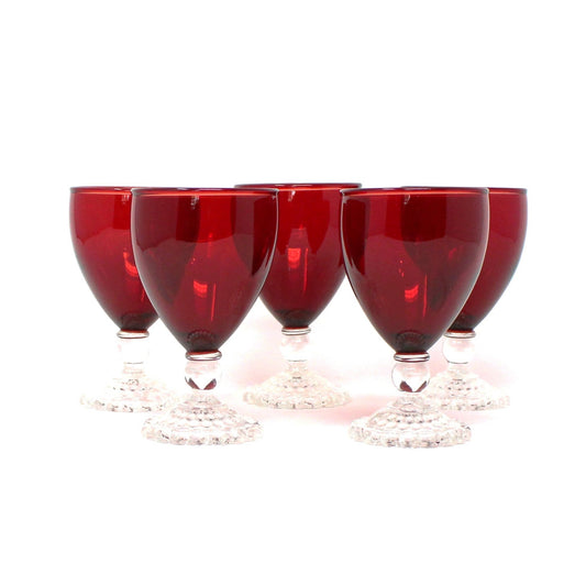 Glasses, Cocktail Stemware, Anchor Hocking, Bubble Foot Ruby, Stemmed, Set of 5, Mid Century, Claret, Vintage