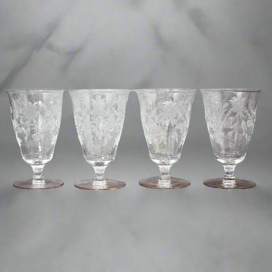 Glasses, Cocktail / Wine / Juice Glasses, Footed, Cut / Etched Crystal Florals, Optic Glass, Set of 4,  Vintage