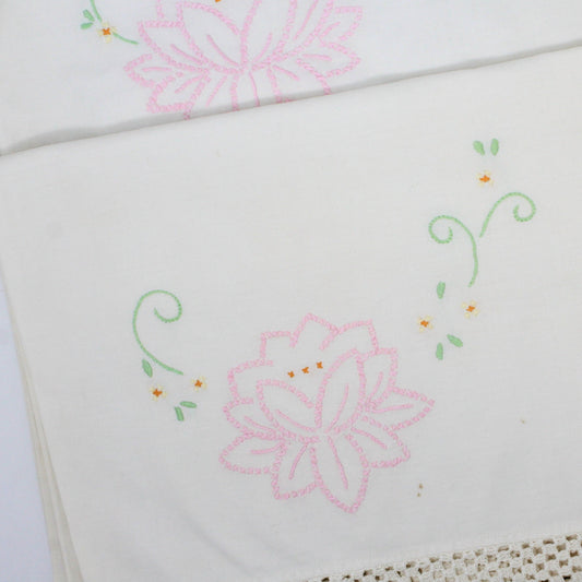 Pillow Cases, Hand Embroidered Pink Lotus Flowers with Crochet Border, Vintage